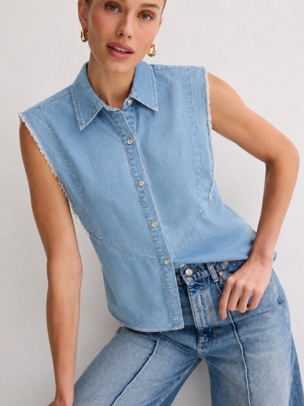 7 For All Mankind NEW Skyway Denim Sleeveless Ruffled Shirt SZ Small Western